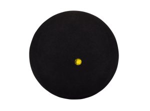 Close-up of black single yellow dot squash ball